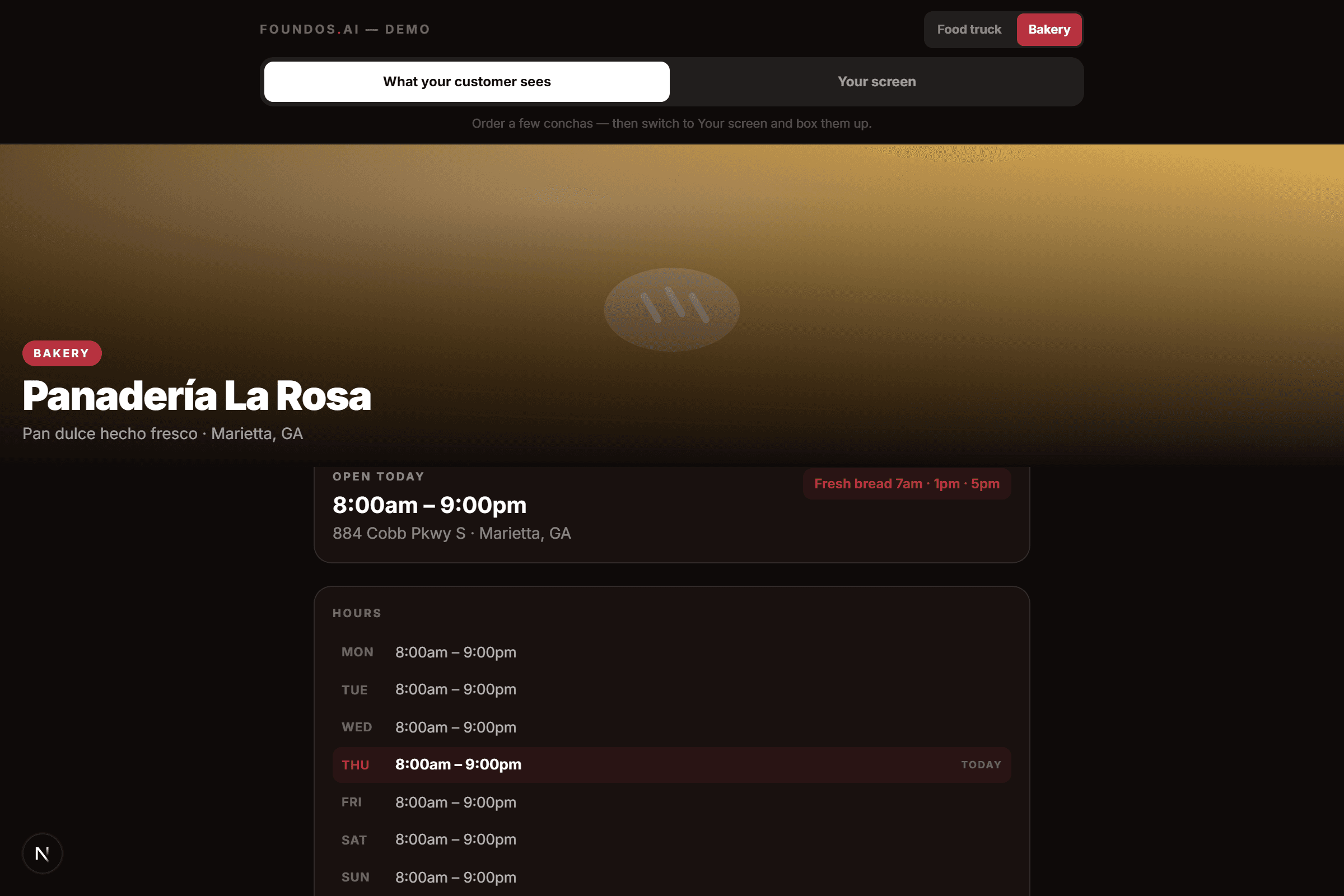 The bakery concept site: a dark hero for Panadería La Rosa in Marietta, Georgia, showing today's 8am to 9pm opening hours, the street address, the fresh-bread times, and the full week of hours underneath.