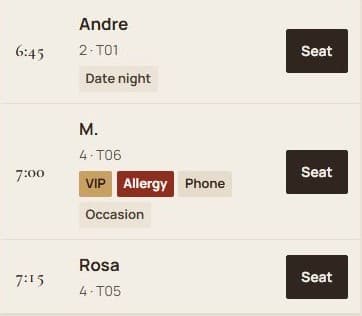 The Cinder & Fig host stand: tonight’s guest list with VIP and allergy tags beside a floor plan of ten tables.