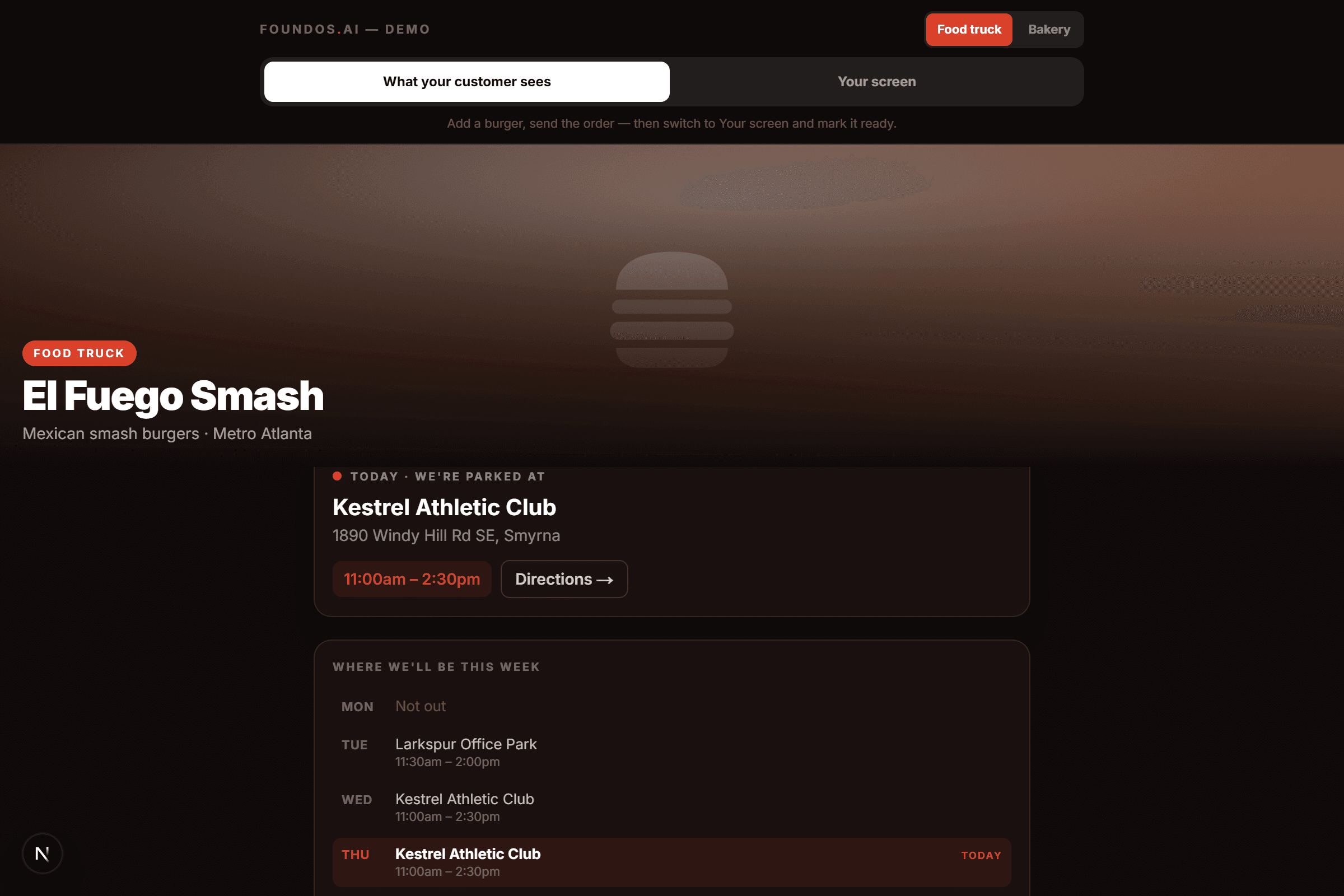 The food truck concept site: a dark hero for El Fuego Smash, Mexican smash burgers in Metro Atlanta, with today's parking spot at Kestrel Athletic Club, the 11am to 2:30pm window, a directions button, and the rest of the week's stops listed underneath.