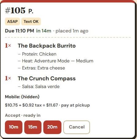 The Wandering Chile kitchen screen: new, cooking and ready columns of pickup tickets with tax and totals.