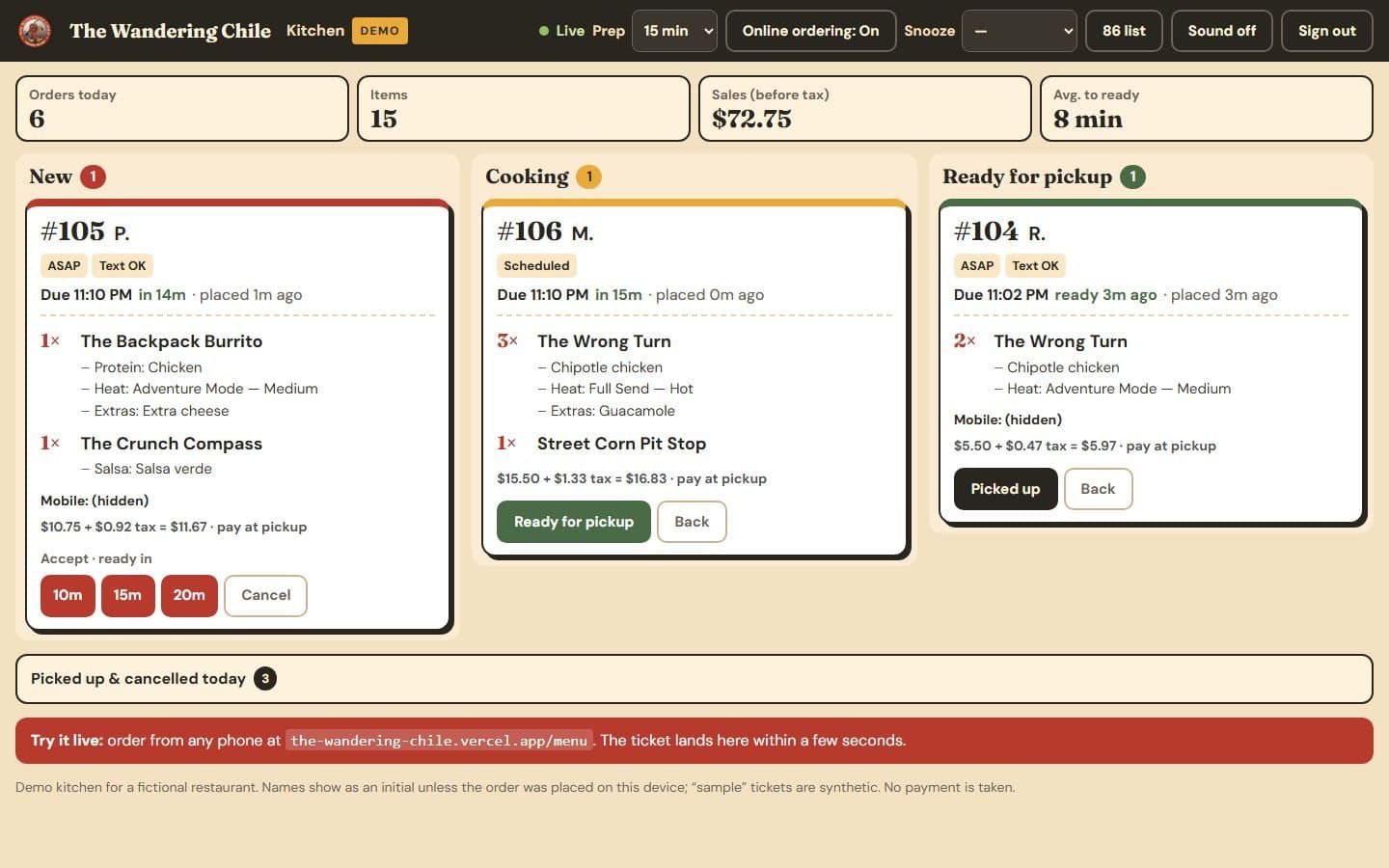 The Wandering Chile kitchen screen: new, cooking and ready columns of pickup tickets with tax and totals.