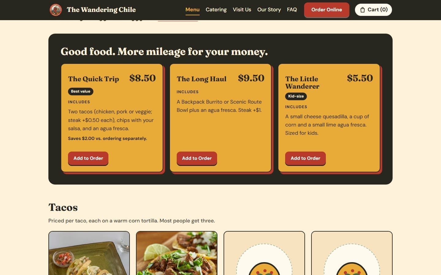 The Wandering Chile menu: meal deals with prices and Add to Order buttons, then the taco section.